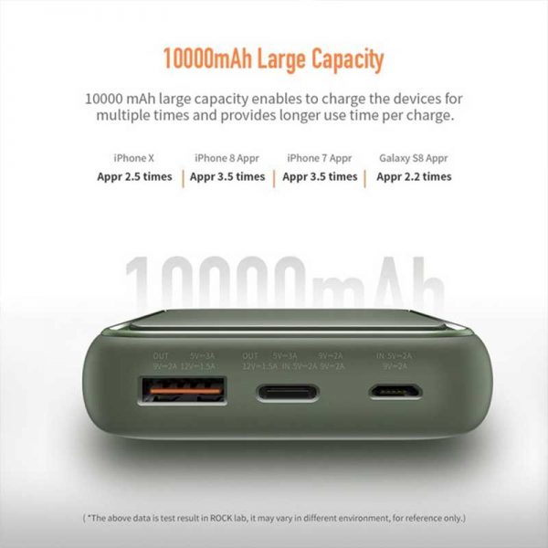 پاوربانک راک فست شارژ ۱۰۰۰۰ میلی آمپر power bank Rock P65 mini 10000mAh QC3.0 PD3