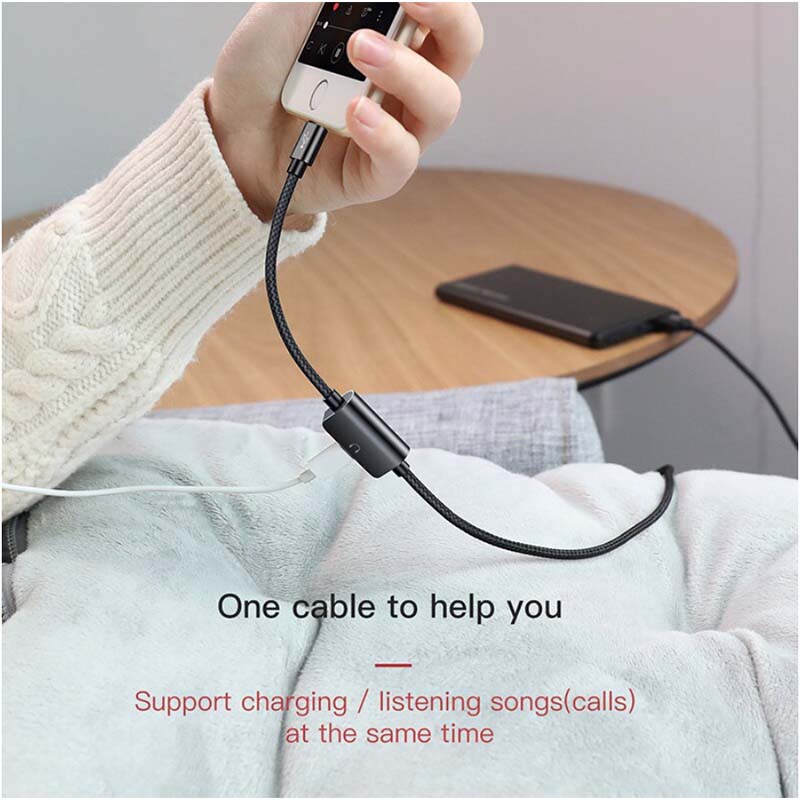 کابل لایتنینگ بیسوس همراه با درگاه لایتنینگ هندزفری Baseus Audio Adapter Cable Headphone Earphone Cable CALYU-01