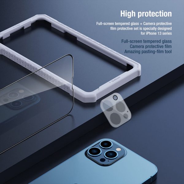 محافظ صفحه نمایش و گلس لنز دوربین نیلکین آیفون 13 پرو مکس Nillkin Amazing 2-in-1 HD full screen tempered glass screen protector for Apple iPhone 13 Pro Max