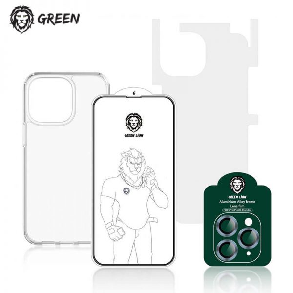 گلس , قاب , محافظ لنز , برچسب پشت iPhone 13 Pro Max گرین Green Lion 4 in 1 360° Protection Pack