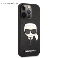 IPHONE 13 PRO MAX - LEATHER CASE BLACK PU SAFFIANO WITH EMBOSSED KARL'S HEAD - KARL LAGERFELD
