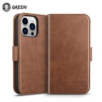 کیف چرمی گرین لاین iPhone 13 pro max با قابلیت شارژ مگ سیف Green 2 in 1 Magsafe Leather Wallet Case