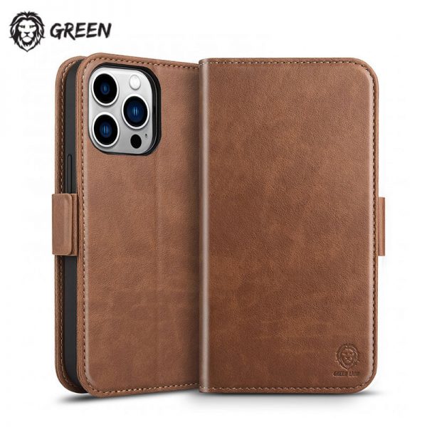 کیف چرمی گرین لاین iPhone 13 pro max با قابلیت شارژ مگ سیف Green 2 in 1 Magsafe Leather Wallet Case