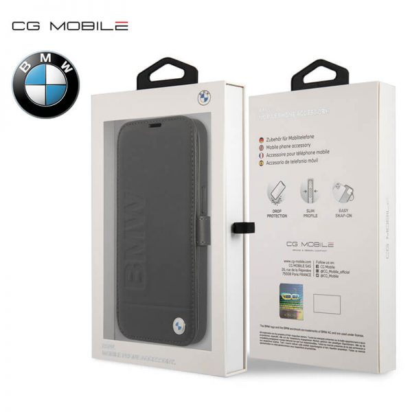 کاور BMW مدل iPhone 13 Pro Max سی جی LEATHER CASE BLACK BOOKTYPE HOT STAMP AND METAL