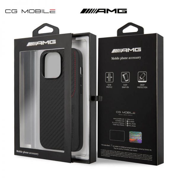 کاور AMG مدل iPhone 13 Pro Max سی جی LEATHER CASE BLACK WITH PU CARBON EFFECT RED STICHING LINE HOT STAMPED LOGO - AMG