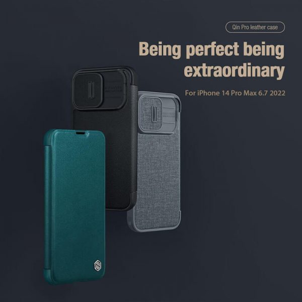 کیف چرمی پارچه ای نیلکین iPhone 14 Pro Max مدل Nillkin Qin Pro Plain Leather + Cloth