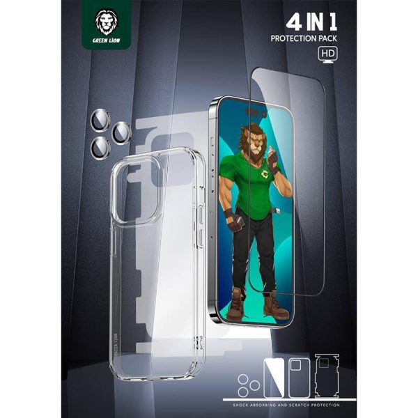 گلس , قاب , محافظ لنز , برچسب پشت iPhone 14 Pro Max گرین Green Lion 4 in 1 Protection Pack