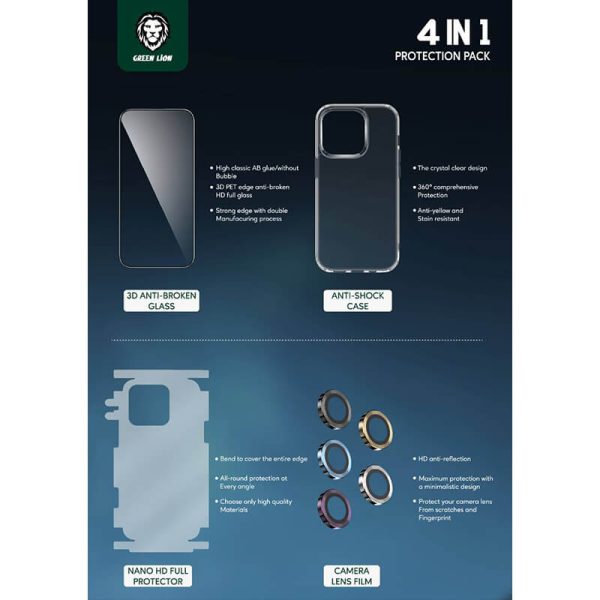گلس , قاب , محافظ لنز , برچسب پشت iPhone 14 Pro Max گرین Green Lion 4 in 1 Protection Pack