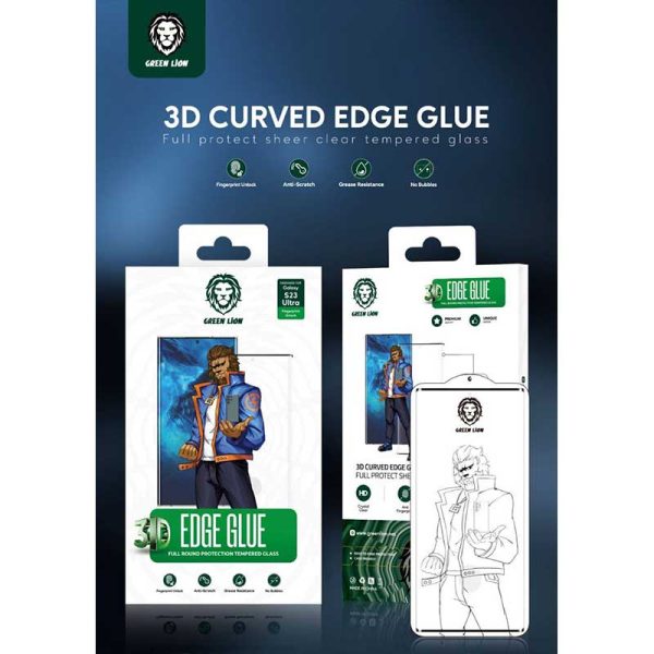 گلس تمام صفحه و دورچسب S23 ultra گرین لاین Green Lion 3D Curved Edge Glue