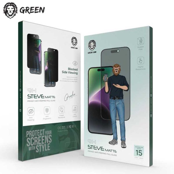 گلس مقاوم پرایوسی iPhone 15 Pro Max گرین لاین Green Lion Steve Privacy Full Glass